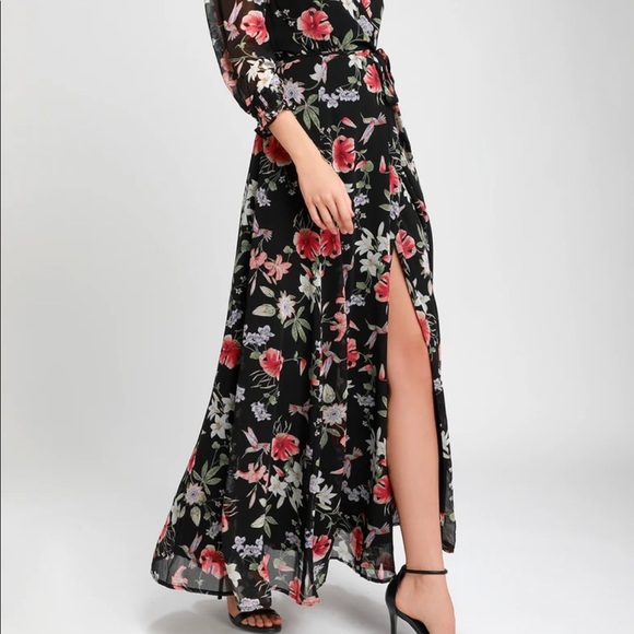 Awakened Black Floral Print Chiffon Maxi Wrap Dres - Picture 4 of 7